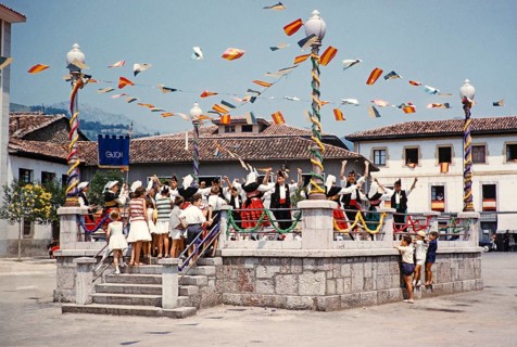Traditional Asturian folk dance group from Gijon performing in a village, Asturias, northern Spain