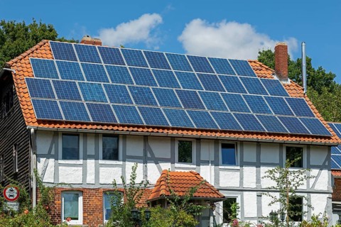 Half-timbered house, photovoltaics, Wittenburg, Elze, Lower Saxony, Germany