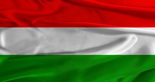 Flag of Hungary with fabric textured background. Close up of National flag of Hungary with