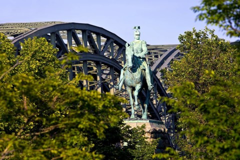 Equestrian statue of Kaiser Wilhelm II in front of the Hohenzollern Bridge, Cologne, Rhineland,
