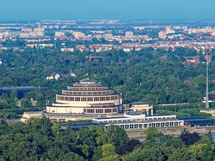 Aerial view of Centennial Hall, Hala Stulecia, UNESCO World Heritage Site. Together with the iglica