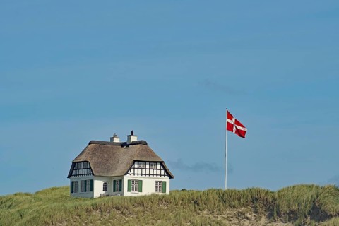 A traditional house with a grass roof on a hill next to the Danish flag, Danebro, Lokken, Jutland,