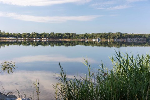 View of the campsite and floating holiday home on Lake Partwitz, Klein Partwitz, Elsterheide,