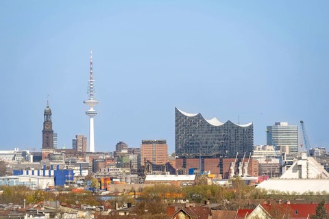 Skyline of Hamburg with St Michael's Church (Michel), Elbe Philharmonic Hall and