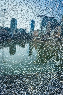 Shattered glass pane, crime, vandalism, harbour, Düsseldorf, North Rhine-Westphalia, Germany