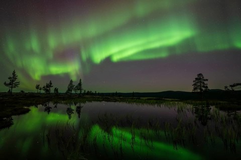 Northern Lights (Aurora borealis) reflected in a mountain lake, Norrbotten, Lapland, Sweden,