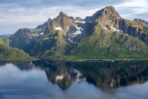 Mountain panorama, view of Raftsund fjord, mountains reflected in the water, view from the summit