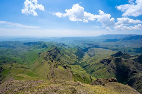 Mountain landscape of the Cathedral Range, view from Cathedral Peak or Cathedralpiek or Mponjwana,