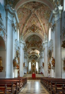 Interior view, nave, chancel, altar, Protestant town church, Ellwangen (Jagst), Baden-Württemberg,