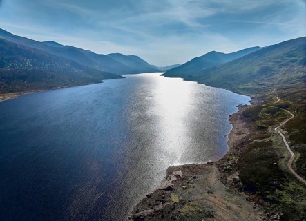 Aerial view of Loch Sealbhanach and Loch Mullardoc, a water reservoir with hydro electric power