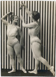 Dance, variety show, art nouveau, leotard, grace, twenties, two woman in dance poses against a