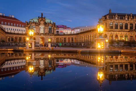 The reconstrated Zwingerhof, also pleasure garden, at the blue hour, Dresden, Saxony, Germany