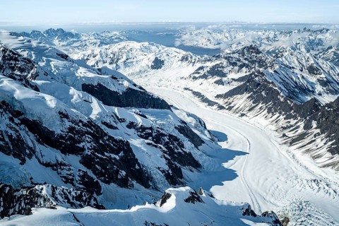 Summit of high mountains with glaciers, aerial view, Alaska Range, Denali National Park, Alaska,