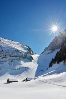 Snowy alpine winter landscape in the Alpstein, Säntis mountain range, Brülisau, Kanton Appenzell,