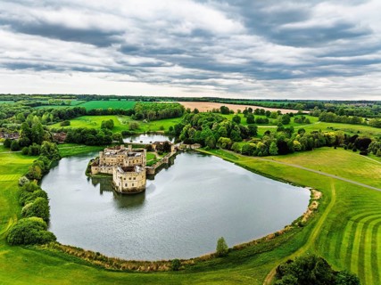 Leeds Castle from a drone, River Len, Kent, England, United Kingdom