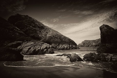 Surf, coastal landscape, coast, rock formations, rocks, sandy beach, beach, sea, Kynance Cove,