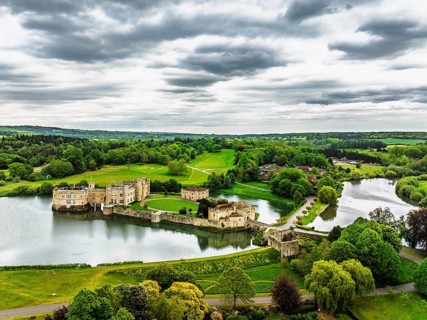 Leeds Castle from a drone, River Len, Kent, England, United Kingdom