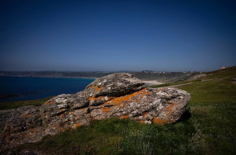 Rock formation, cliffs with lichens, Land's End headland, Penzance, Penwith Peninsula, Cornwall,