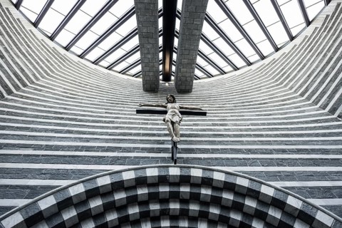 Interior view, modern chapel, San Giovanni Battista, architect Mario Botta, Mogno, Maggia Valley,