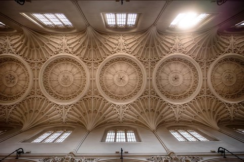 Interior view of church ceiling, stucco ceiling, stucco relief, St Mary Aldermary Church, City of