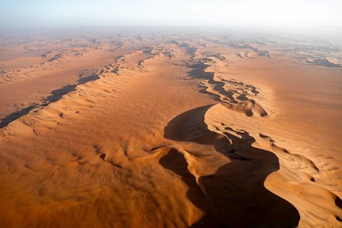 Aerial view, evening mood, red sand dunes of the Namib Desert, Namib Naukluft Park, Namibia