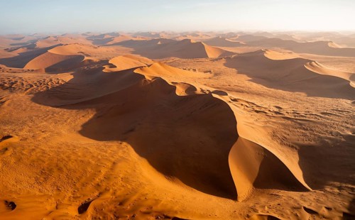 Aerial view, evening mood, red sand dunes of the Namib Desert, Namib Naukluft Park, Namibia