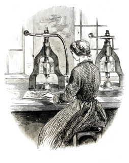 Woman using a manual screw press to make steel springs for pens, 1860. Worker in a factory during