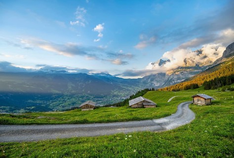 Road, alpine huts and alpine meadows, sunset, summit of the Wetterhorn in the back, Alpiglen,