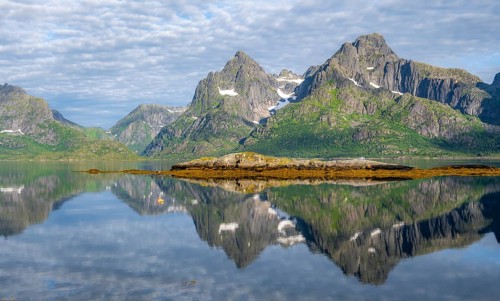 Picturesque fjord landscape at Raftsund fjord, mountains reflected in water, Vesterålen, Norway