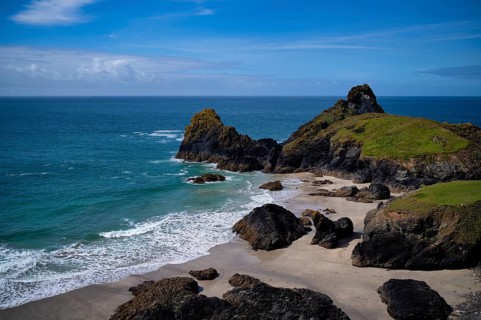 Coastal landscape, coast, rock formations, rocks, sandy beach, beach, sea, Kynance Cove, Mount's
