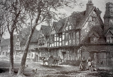 A street in the old town of Warwick, county of Warwickshire in England, illustration, reproduction