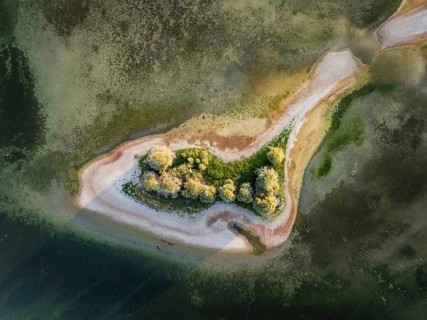 Aerial view, top-down view of Love Island, near the Mettnau peninsula at historic lows, low tide at