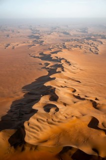 Aerial view, evening mood, red sand dunes of the Namib Desert, Namib Naukluft Park, Namibia