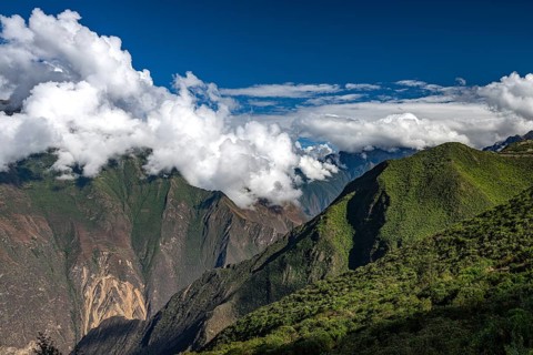 Mountain landscape with clouds, cloud forest near the Inca city, fortress, Choquequirao, also