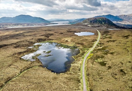 Panoramic aerial photo of the Highland landscape in Lettermore, Fainmore, northern Scotland, UK