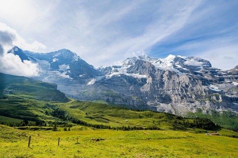 Mountain panorama with peaks Eiger, Mönch and Jungfrau, Kleine Scheidegg, Jungfrau region, Bernese