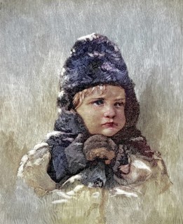 Portrait of a small child wearing warm winter clothes, including a distinctive, voluminous fur hat