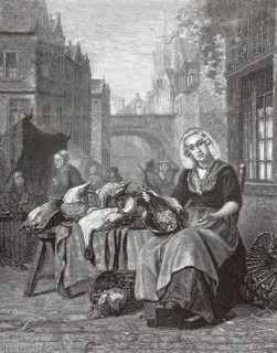 Historic market scene from the late 19th century. The focus is on a market woman who offers and