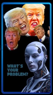 Symbolic image, futuristic robot woman wonders, Trump as a raging, screaming proletarian president,