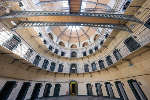 Round prison structure with a central skylight and multi-story rows of cells, Kilmainham Gaol