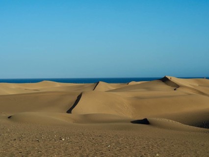 Wide dune landscape under clear blue sky, dunes of Maspalomas, Gran Canaria, Spain