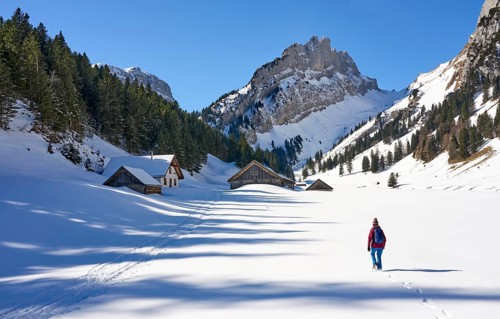 Woman hiking in the snowy mountain landscape of the Alpstein Säntis mountain range, Brülisau,