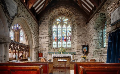 Interior view, altar, church window, parish church St Just in Penwith, Cornwall, England, Great