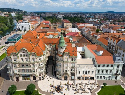 Wide cityscape with decorated buildings and marketplace under blue sky, aerial view, Vulturul