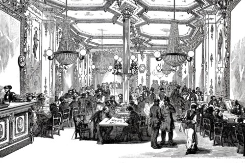 19th century illustration of Café Pierron in Paris. You can see the typical Parisian coffee house
