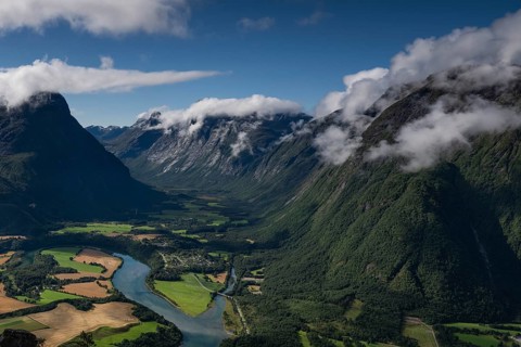 View from Romsdalsstigen of mountainous landscape and Rauma river, Trollvegen, near Åndalsnes or