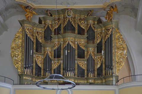Baroque golden organ built in 1740, interior view, Morizkirche, Coburg, Upper Franconia, Franconia,