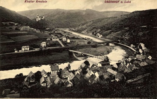 View of Obernhof an der Lahn with Arnstein Abbey enthroned above it, Rhineland-Palatinate, Germany,