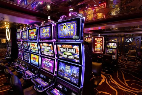 Rows of illuminated slot machines with colorful neon displays on a casino gaming floor, vibrant