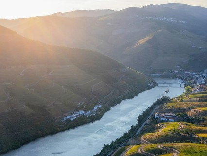 Sunlit aerial drone view of the Douro River flowing between vineyard hills and a small riverside